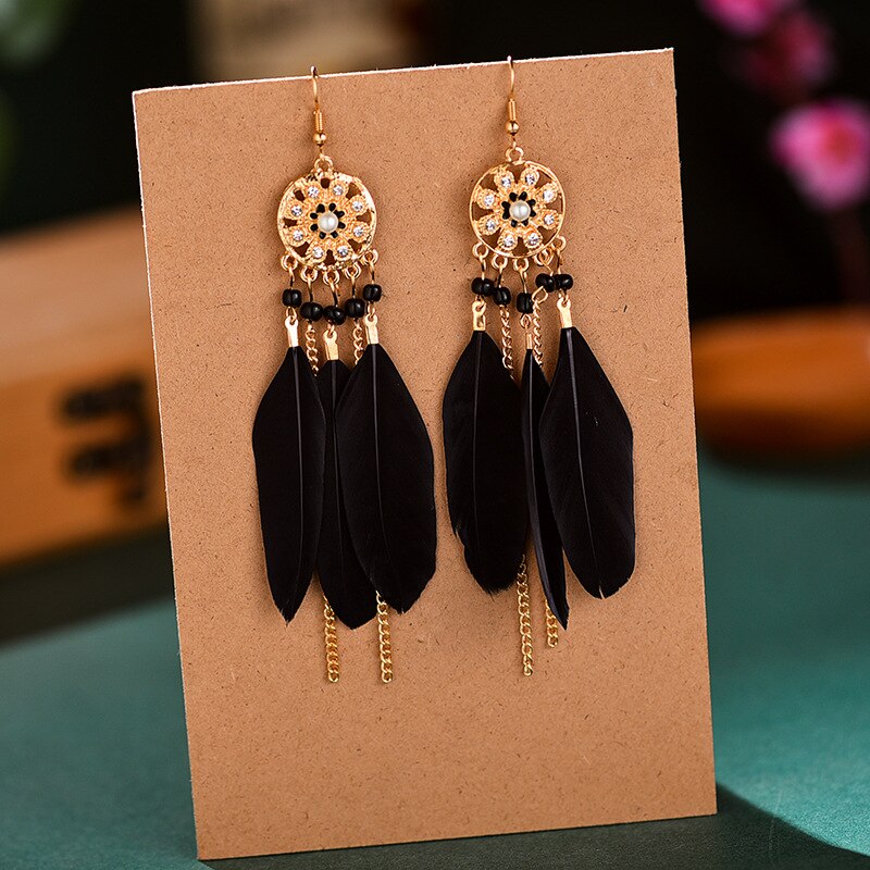 Bohemian Woven Dream Catcher Feather Dangle Earrings for Woman Trendy Boho Long Tassel Earring Wedding Jewelry: E1459-Black