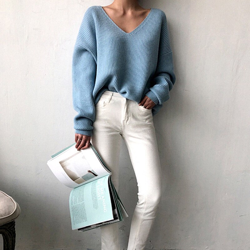 Wotwoy v-hals strikkede oversize trøjer kvinder efterår vinter langærmede basic sweater kvinder hvide afslappede løse pullovere kvinder: S19229- blå