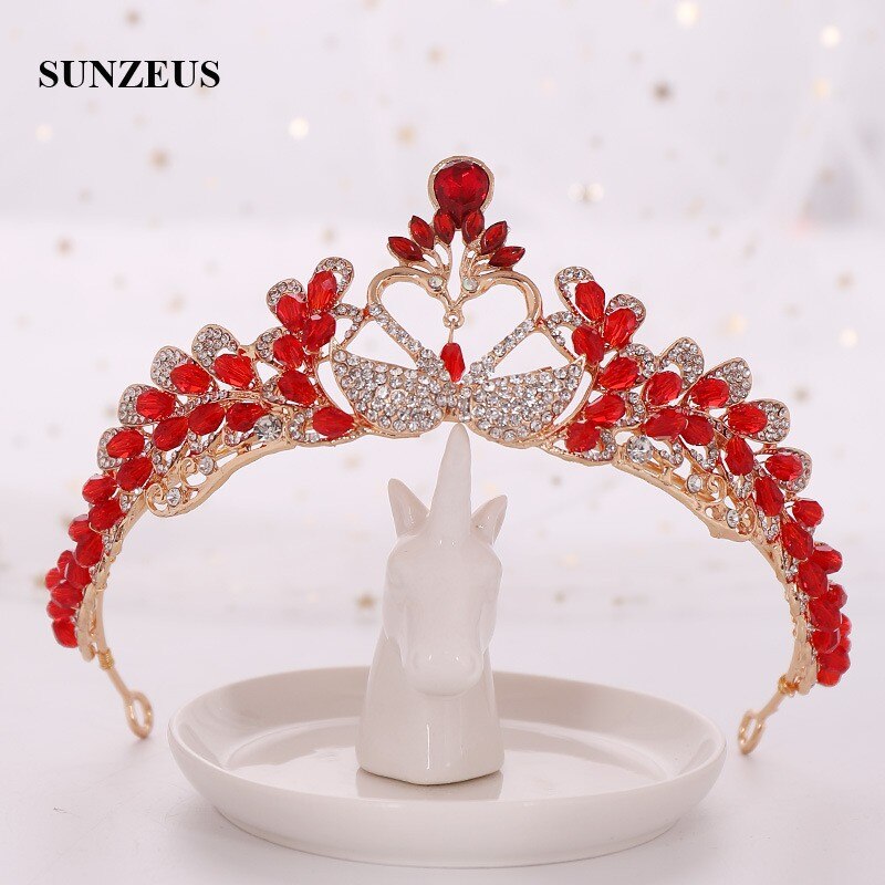 Chinese Red Children Party Crowns Crystals Beaded Swans Wedding Tiaras For Kids Flower Girl Head Accessory SQ452