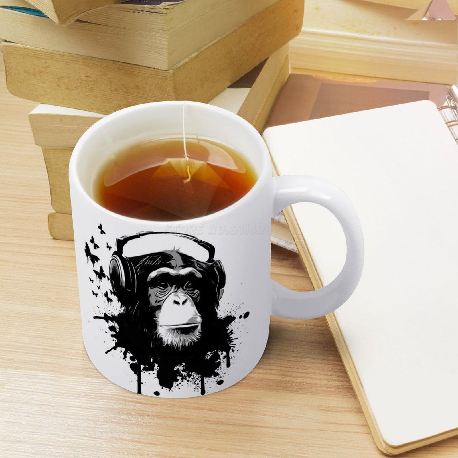 Taza de cerámica blanca con auriculares para DJ, tazón de monos, Dj, King Kong, con auriculares