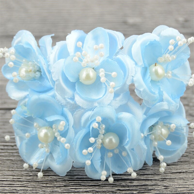 12 unidades/lote estambres de perlas Mini ramo de flores artificiales de seda de color rosa para decoración de boda DIY, accesorios para tocado de flores de novia