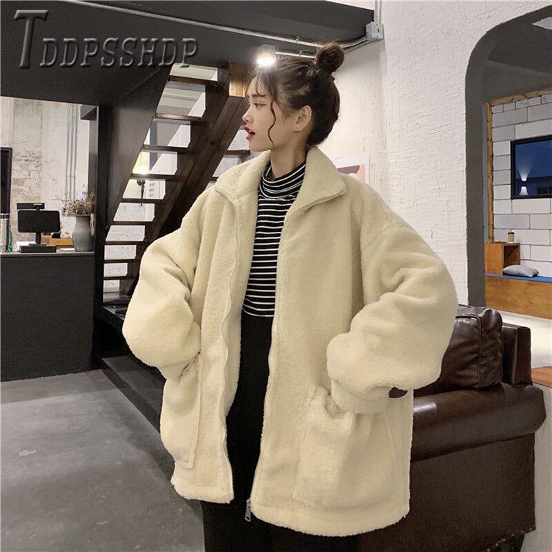 Abrigo holgado de estilo Bf Harajuku para mujer, chaqueta femenina de imitación de lana de cordero para otoño e invierno,
