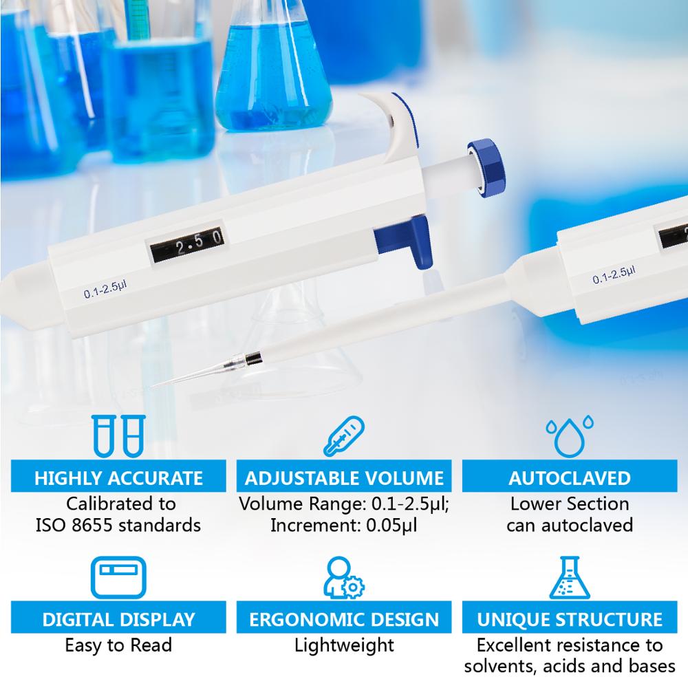 FOURE'S SCIENTIFIC Single Channel Pipette Adjustable Volume 0.1-2.5ul Mechanical Micro Pipette Transfer Pipette Lab Pipettor