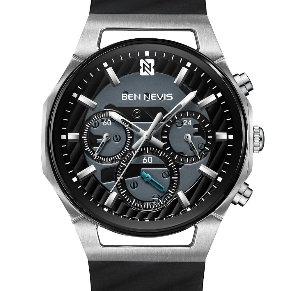 Ben Nevis Horloges Heren Waterdichte Horloges Chronos Zilver Zwart Horloge Sport Klok Siliconen Band Reloj Hombre