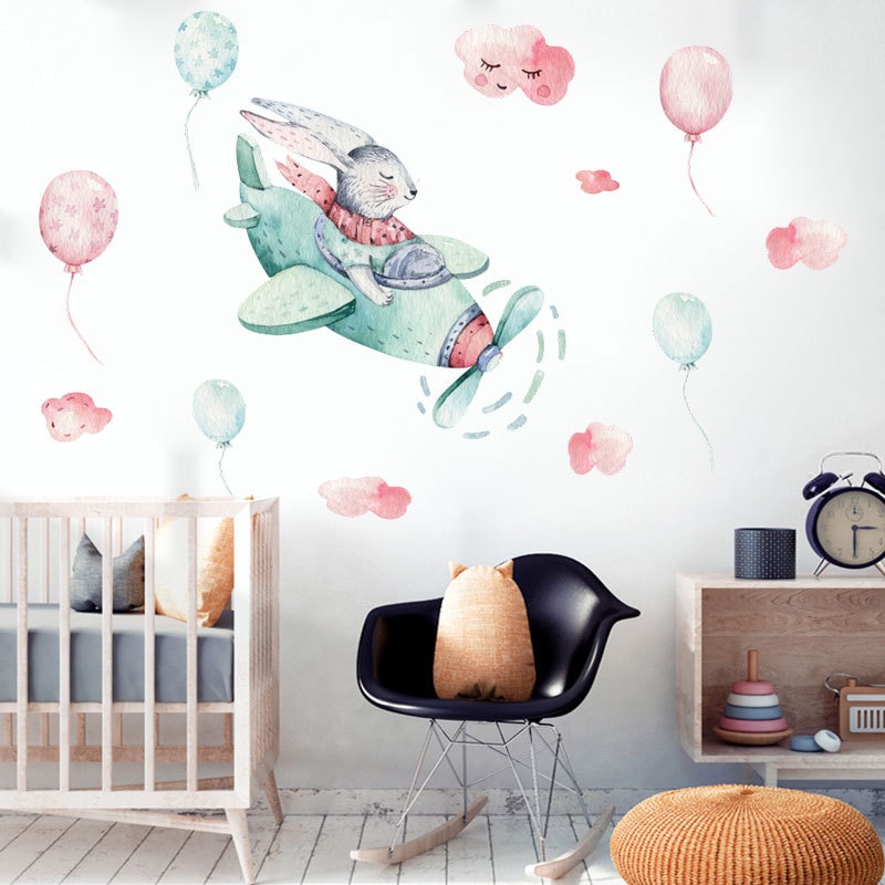 Tegneserie akvarell kanin himmel ballong vegg klistremerker til barnesoverom barnehage trapp hjem dekor baby jenter