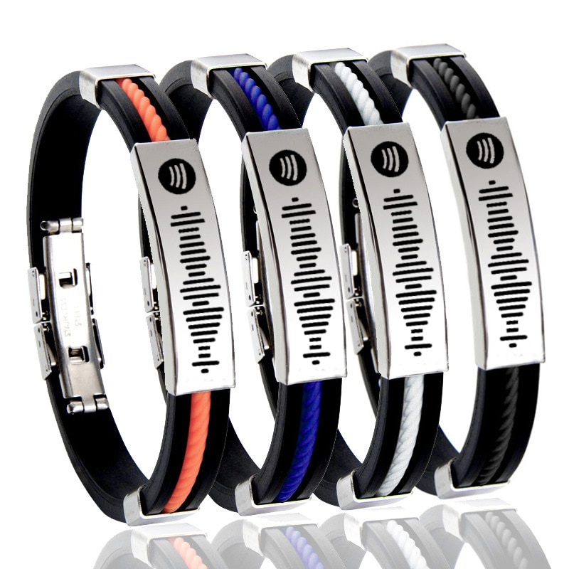 Incisione laser fai-da-te personalizzato codice di scansione codice di scansione bracciale coppia gel di silice uomo donna bracciale acciaio al titanio codice musicale