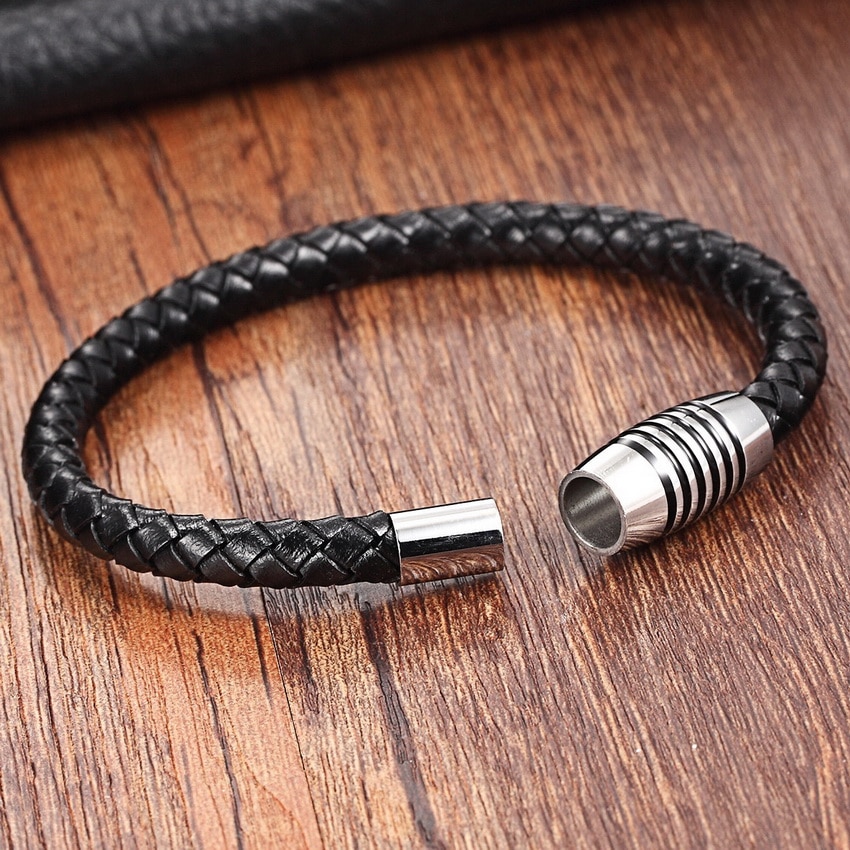 XQNI-pulsera de cuero genuino para hombre y mujer, brazalete de cuero con imán, pulsera de cuerda de acero inoxidable