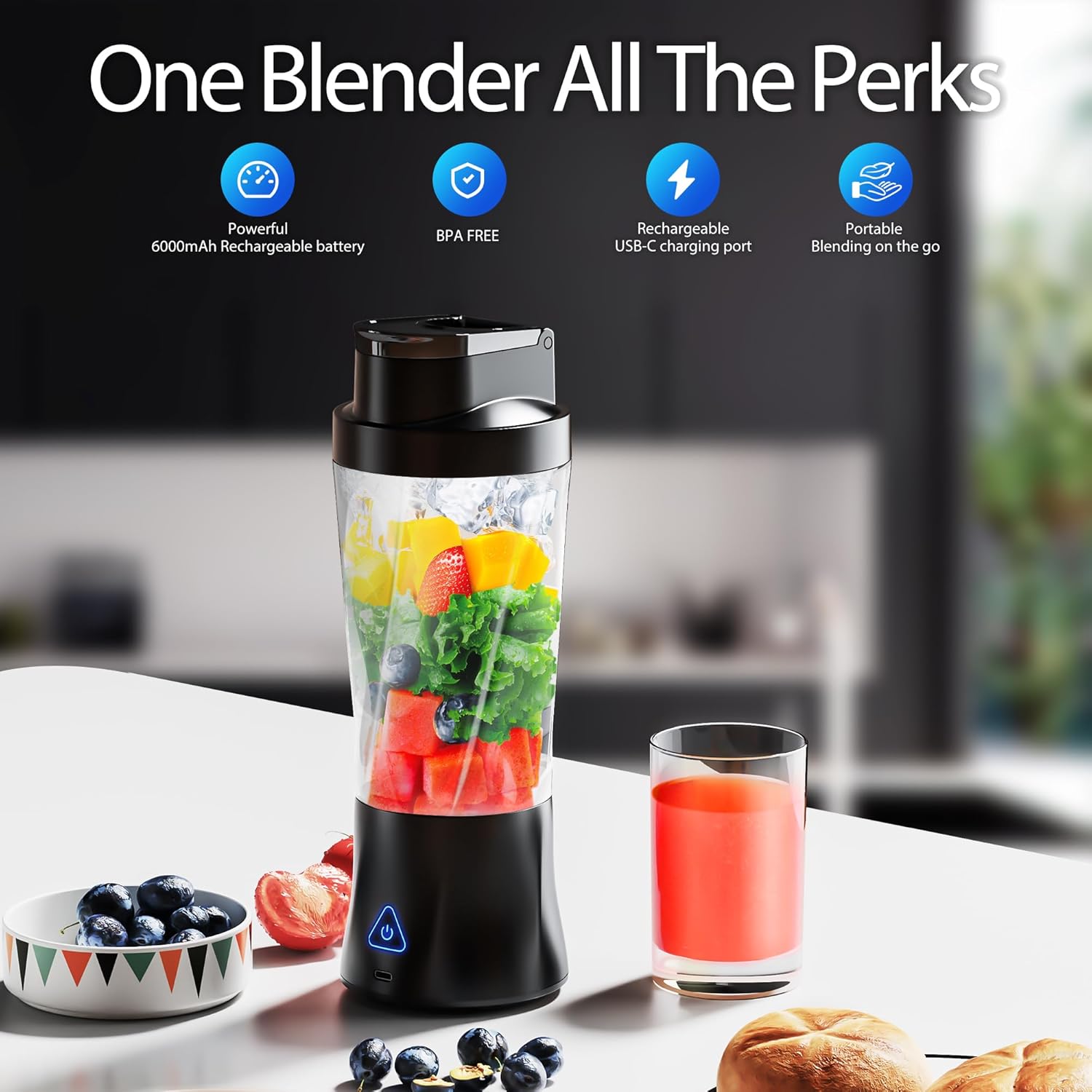 Licuadora portátil Mini licuadora autolimpiante inalámbrica con tapa Mini licuadora de viaje silenciosa con cuchillas de acero inoxidable Carga USB