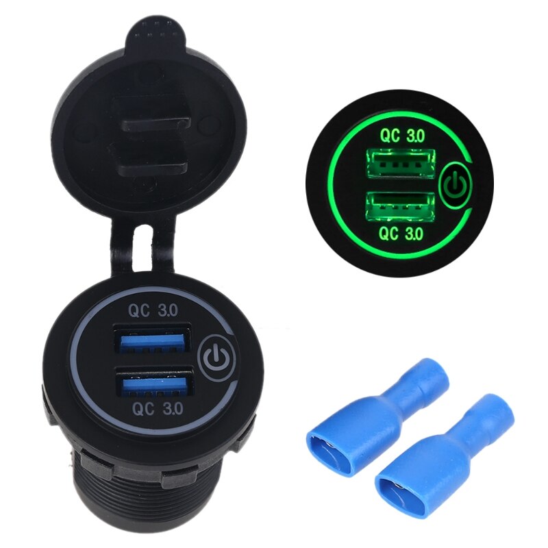 Carregador automotivo usb, adaptador à prova d'água, 12v, 24v, dual, qc3.0, com interruptor touch liga/desliga, luz led para telefone móvel, gps, caminhão, suv, barco, ônibus: Green