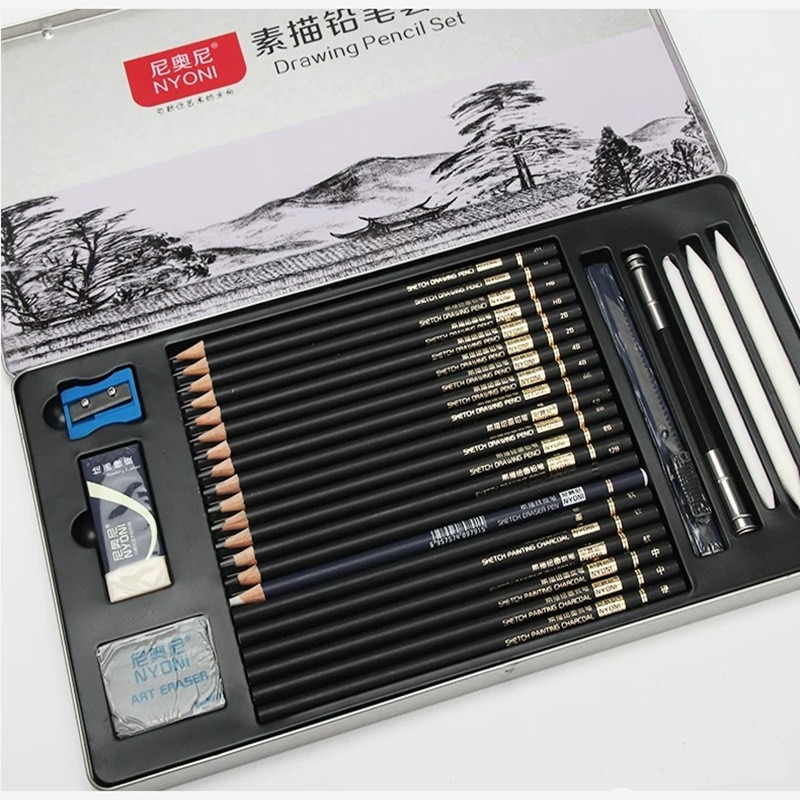 Charcoal Pencil Sketch Set Sketching Pencils Wood Painting Pencil Earser Knife Stationery Supplies School Students