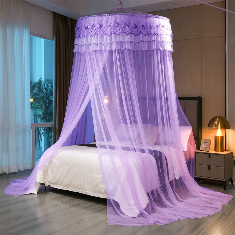 Dosel de cama redondo superior, cenefa de cama de hilo para mosquitos, tienda de campaña, mosquiteras, cubierta de cama, encaje romántico, cortina a prueba de mosquitos: C / Cama de 1,5 m (5 pies)