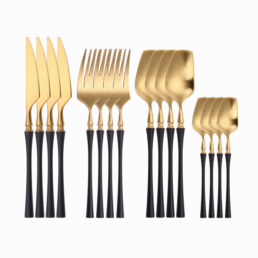 Rose Gold Tableware Forks Spoons Knives Dinnerware Set Stainless Steel Western Cutlery Set Silver Kitchen Utensils Dropshopping: black gold 16pcs