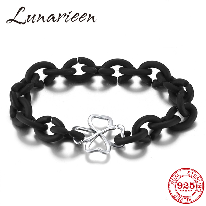 925 Sterling Silver bead Four-leaf Clover Beads black Rubber X Handmade Bracelet women Accessories Jewellery