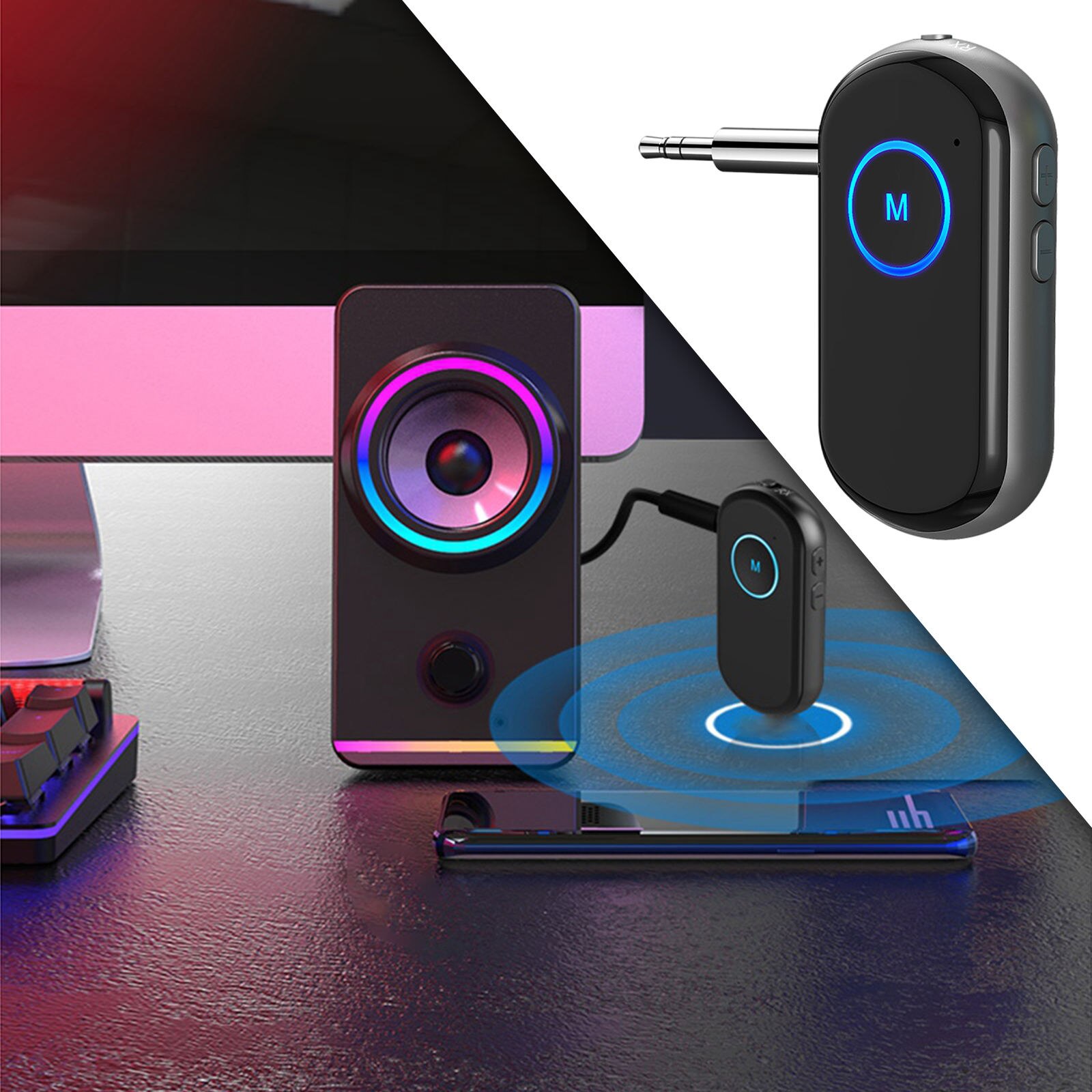 Bluetooth Adapter Noise Cancelling 3.5mm Dual Connection Signal Stability Automatically BT5.0 HiFi Music Receiver for Speakers