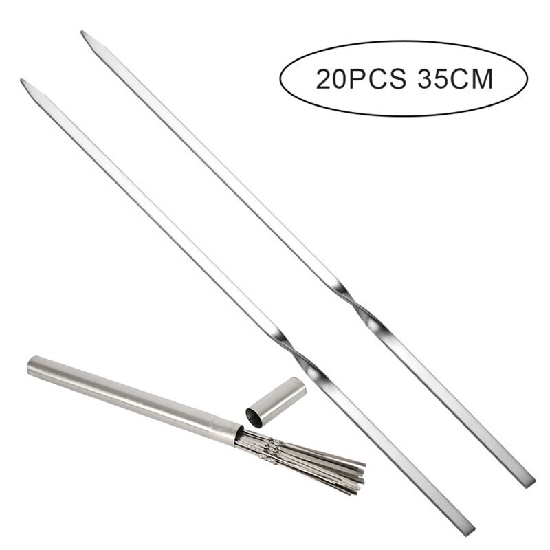 20 pièces brochettes de barbecue en acier inoxydable plat réutilisable avec boîte de rangement: 35CM