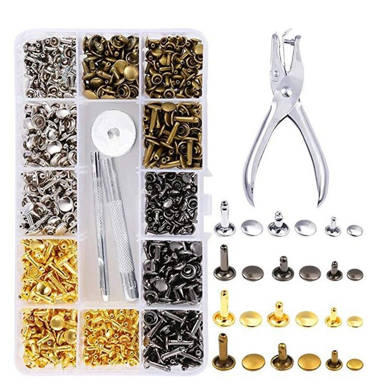 360Pcs 3 Maten Lederen Klinknagels Double Cap Klinknagel Buisvormige Metalen Studs Met 4 Vaststelling Set Gereedschap Voor Diy Leer ambacht, 4 Kleuren (Gaan