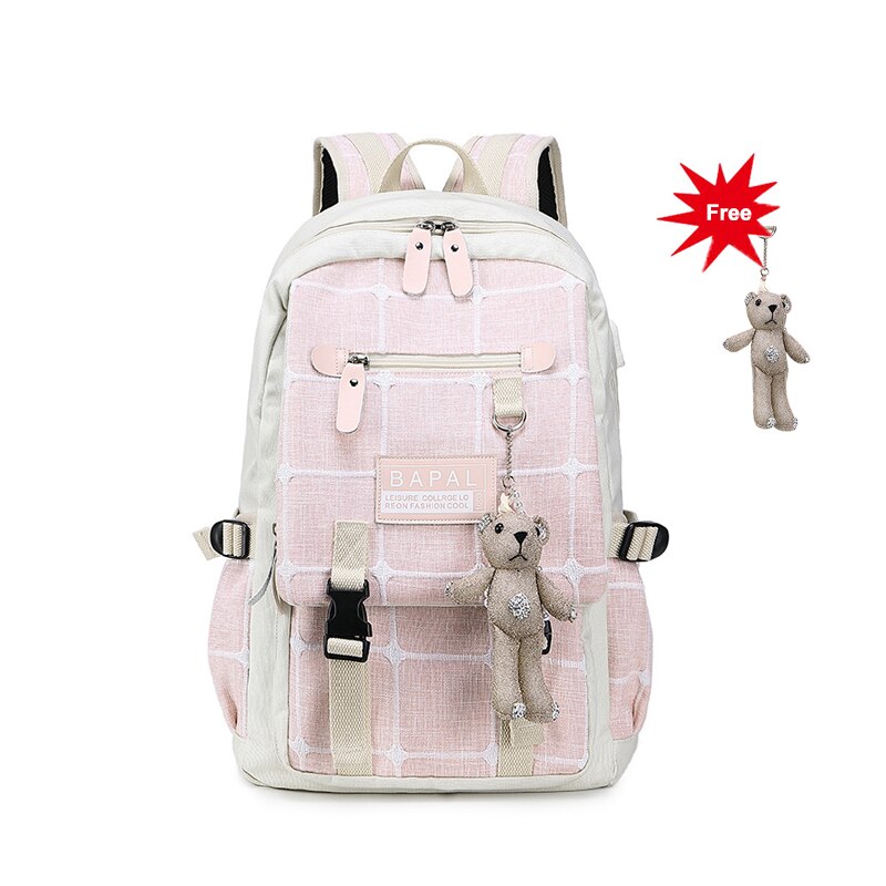Grote rugzak voor dames van canvas, 15.6 inch, voor de middelbare school, met usb-oplaadpoort, lichtgewicht reistas voor dames: Lichtroze