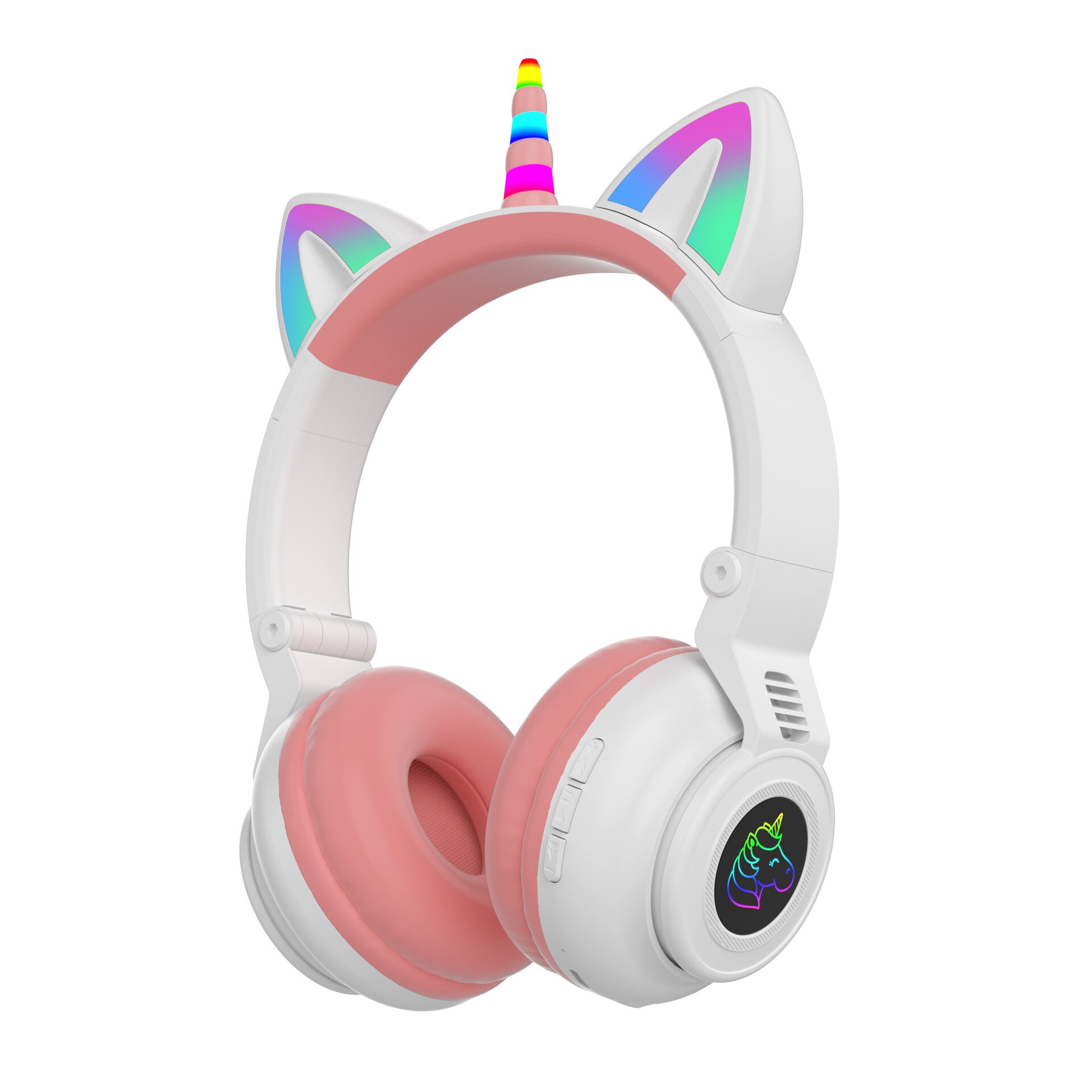 Söta enhörning trådlösa hörlurar med mikrofoner, styr rgb ljus barn tjejer musik stereo hjälm mobiltelefon headset: Vit