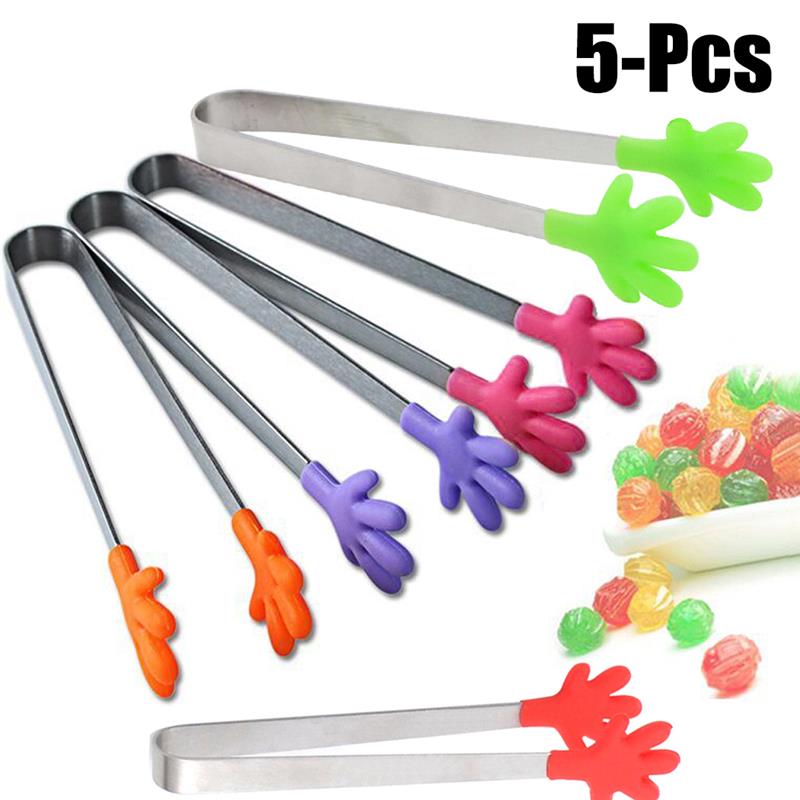 4Stck/5Stck Küche Lebensmittel Zange klein Palme Silikon Lebensmittel Zange Eis Süssigkeit rostfrei Stahl nicht-Unterhose Mini Zange Utensil zufällig Farbe: 5Stck