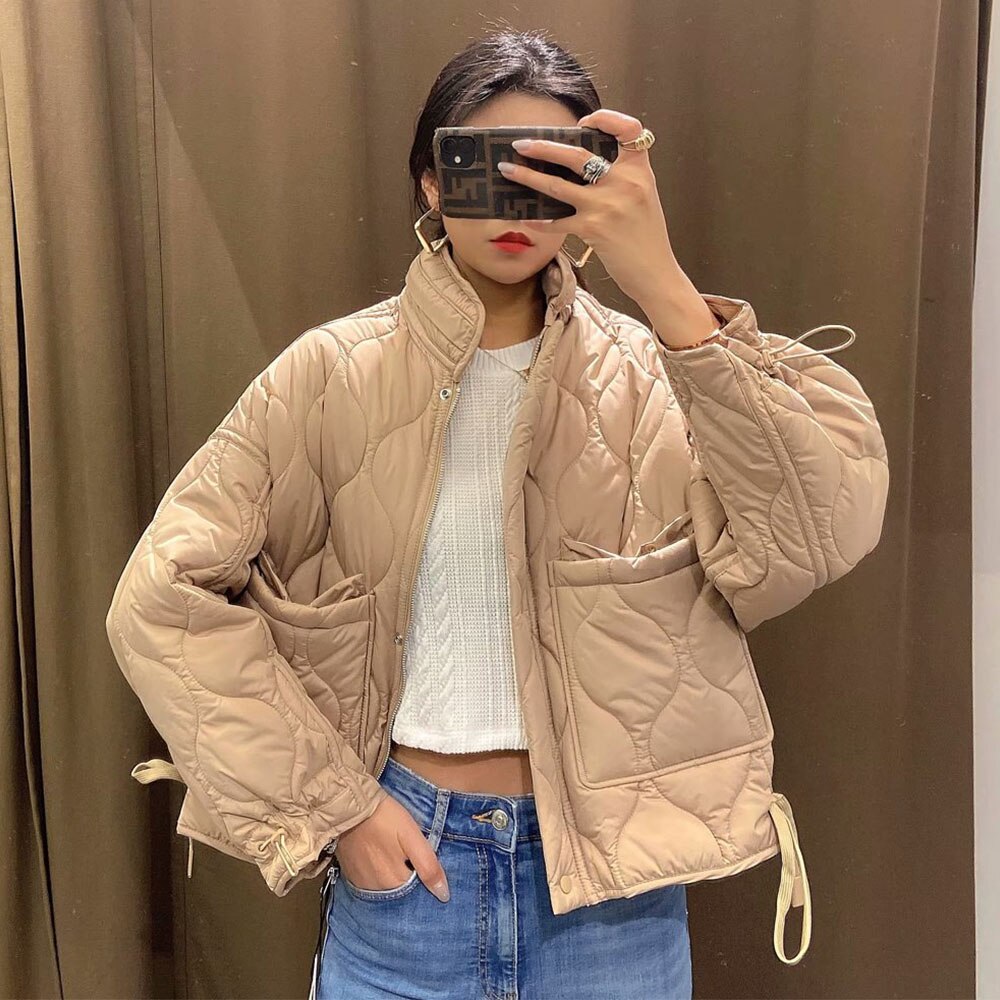DiYiG-Chaqueta corta acolchada de algodón para mujer, chaqueta con cordón de , con cuello levantado, ligera, acolchada