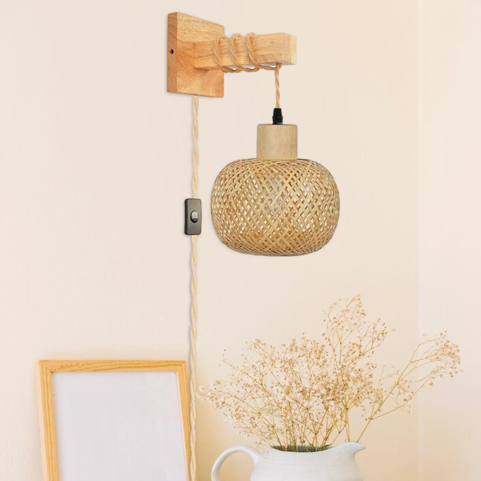 Wall Sconce Hand Woven Boho Bamboo Bedside Wall Lamp Plug in Pendant Light for Home Bedroom Living Room Light Fixtures EU Plug