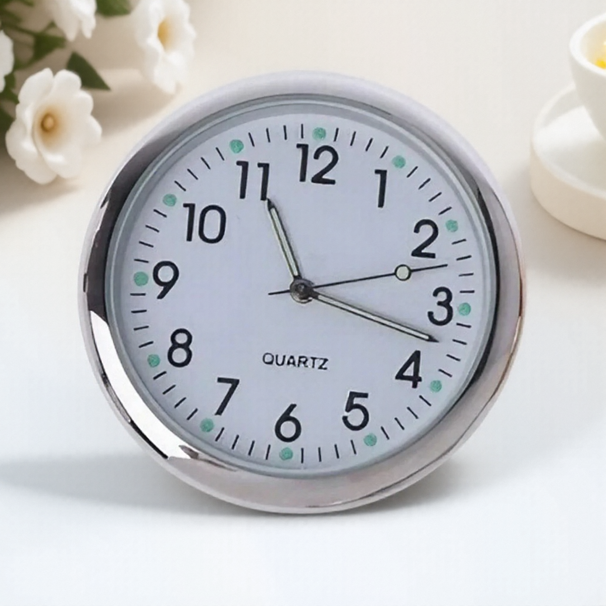 Horloge ronde universelle pour voiture, bâton sur tableau de bord LED, décoration pour SUV et accessoires d'intérieur de véhicule: WHITE