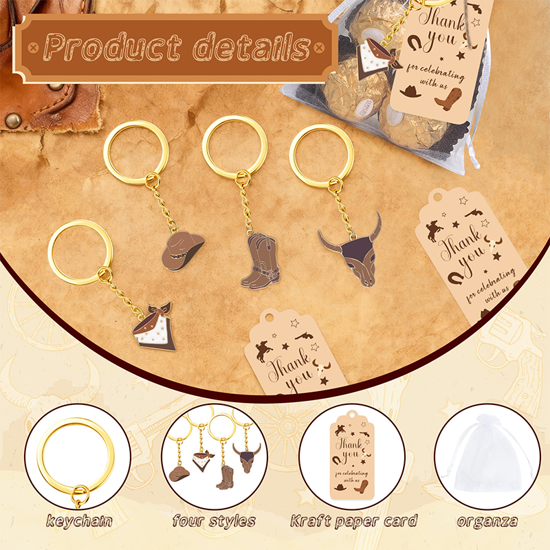 *12 set western cowboy festgåvor för gäster cowboy stövelhatt nyckelring med vita organzapåsar och tacketiketter