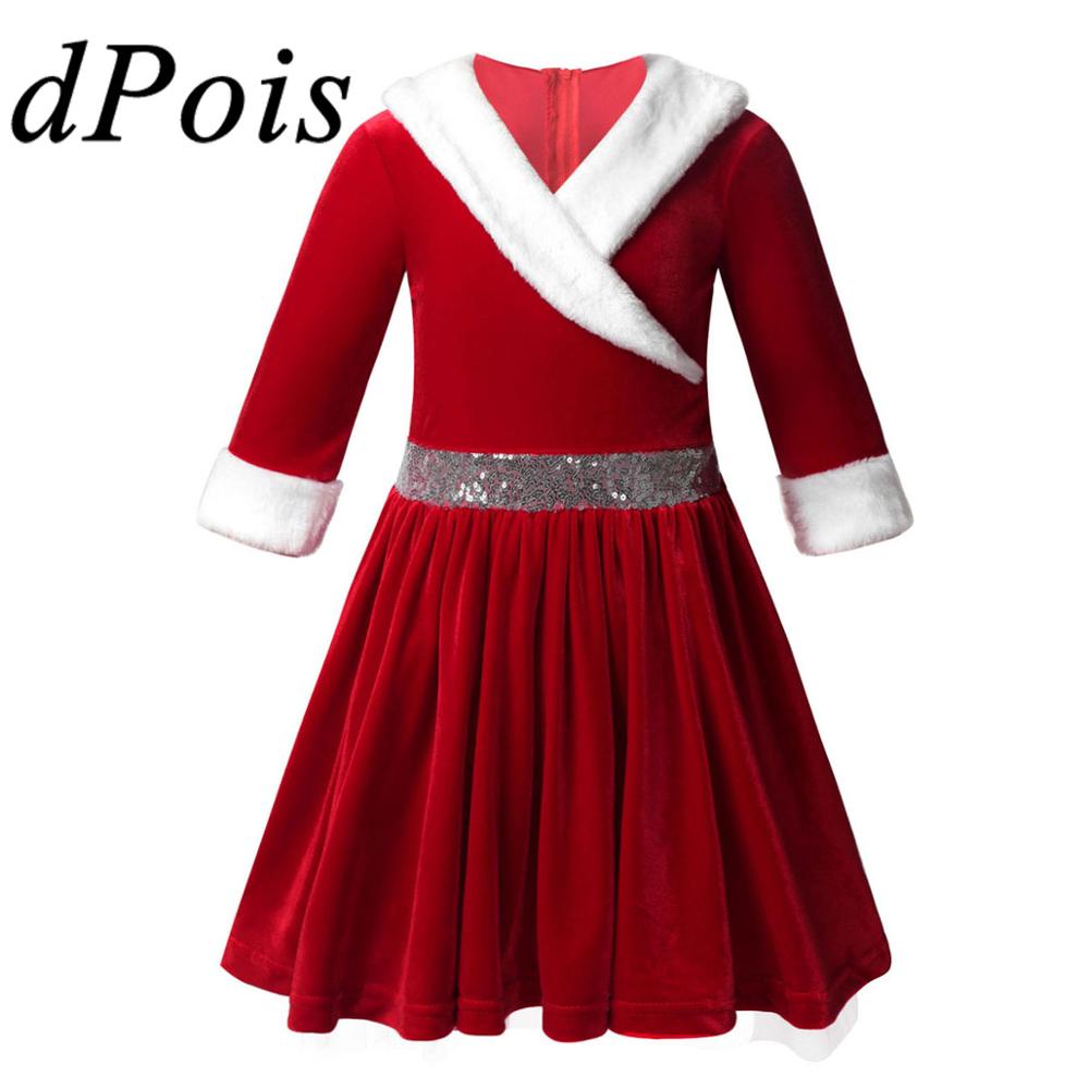 Kids Girls Christmas Dance Costume Dancewear Long Sleeve Faux Fur Trimming Velvet Baton Twirling Dress Figure Ice Skating Dress