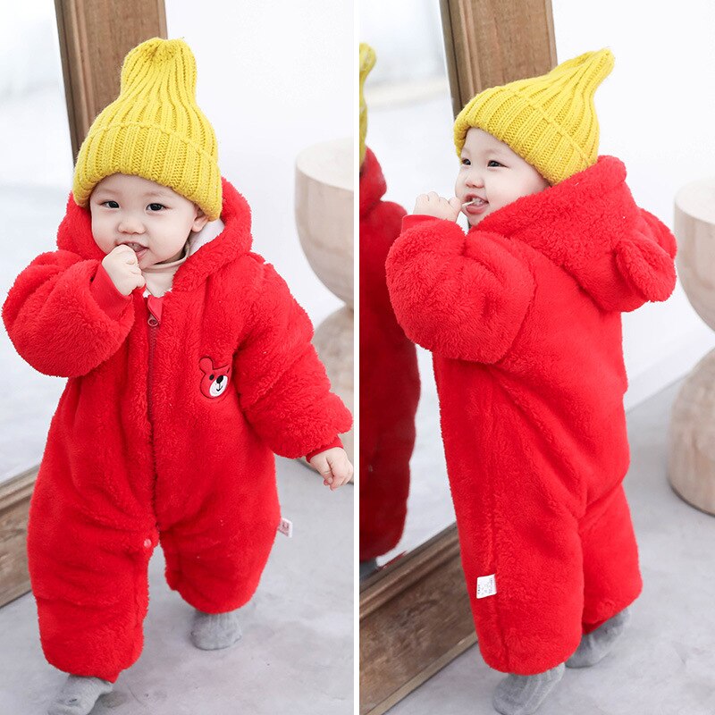 Criança do bebê macacão de inverno engrossar flanela macacão recém-nascido capuz urso macacão infantil menino menina algodão roupas crianças ano novo casaco: Red / 3M