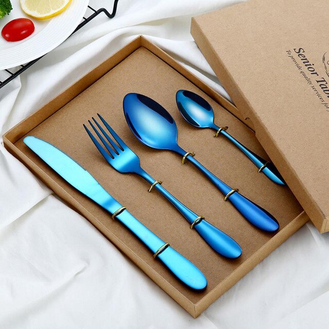 4 st/set färgglada bestick rostfritt stål porslin stek kniv gaffel sked middag västerländsk mat hq regnbåge bestick set: Blå