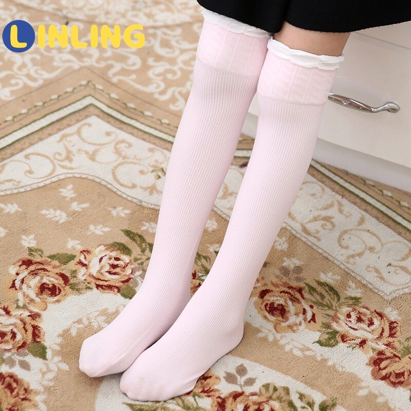 LINLING Summer Infant Over Knee High Socks Girls Mesh Breathable Stockings Autumn Toddler Girls Cotton Socks Solid Color P125