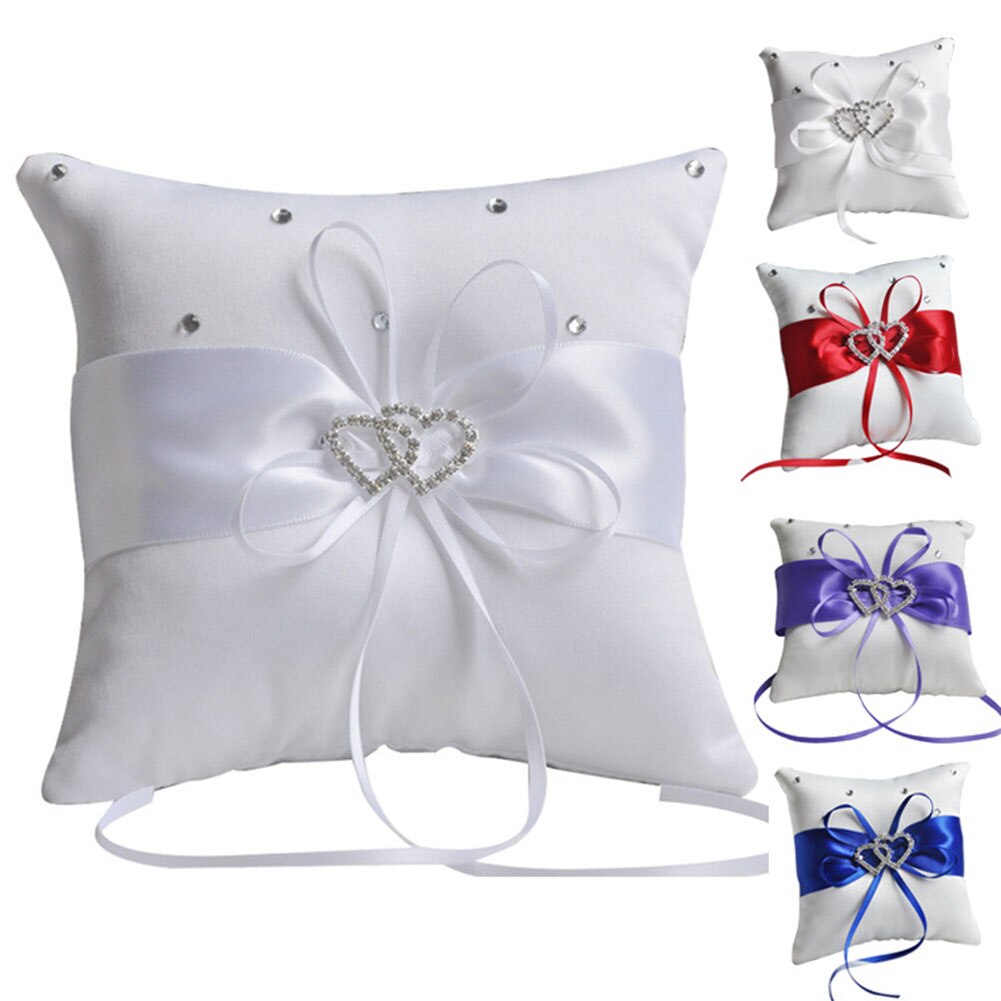 Wedding Ring Pillow Ribbon Bowknot Rhinestones Heart Decoration Party Satin Cushion INTE99
