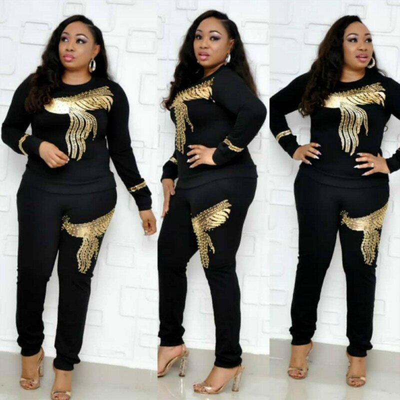 African Sets For Women Long Sleeve Beading Sequined African Elastic Bazin Baggy Pants Rock Style Dashiki Famous Suit Lady