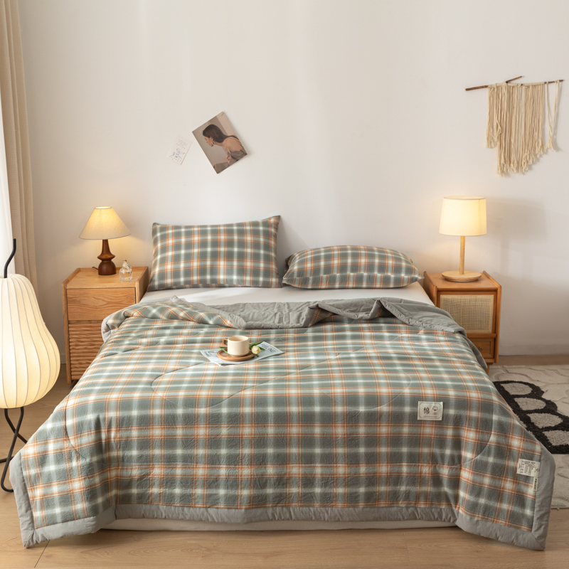 Edredón acolchado con aire acondicionado, edredón 100% de algodón puro lavable de verano, edredón suave a cuadros para edredón individual de tamaño queen doble