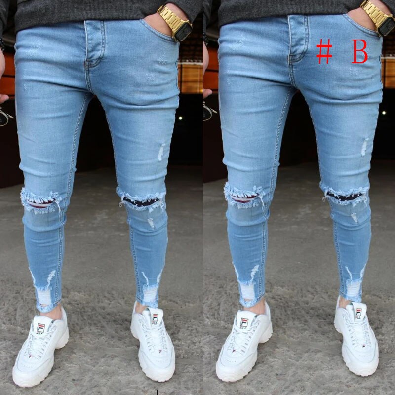Män skinny jeans slitna jeans slitna jeans rip jeans jeans jeans män jeans långbyxor casual byxa: B / S
