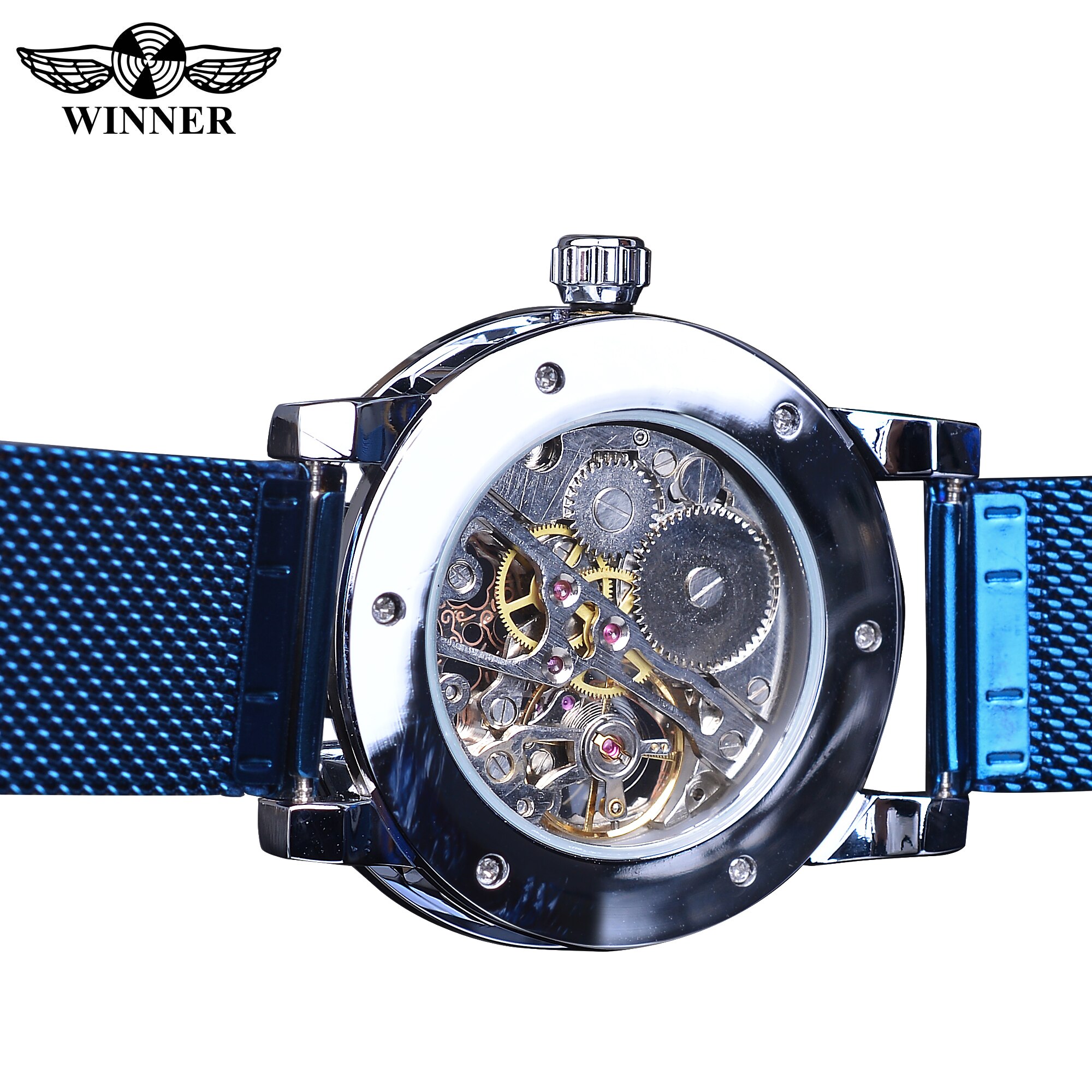 Winnaar Diamond Display Mannen Business Klok Blauw Staal Mechanische Classic Royal Versnelling Beweging Mechanische Skeleton Horloge