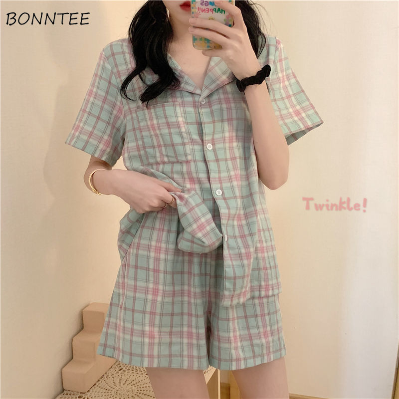 Pyjamassæt kvinder fransk stil plaid løst trendy sommer kortærmet dame todelt nattøj dejligt enkelt venner hjemmetøj