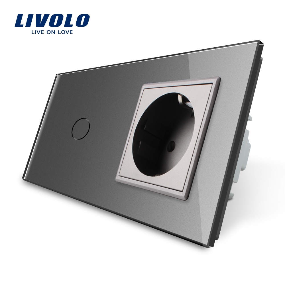 Livolo Eu Standard Touch Schakelaar, Grijs Crystal Glass Panel, 110 ~ 250V 16A Stopcontact Met Licht Schakelaar, VL-C701-15/VL-C7C1EU-15