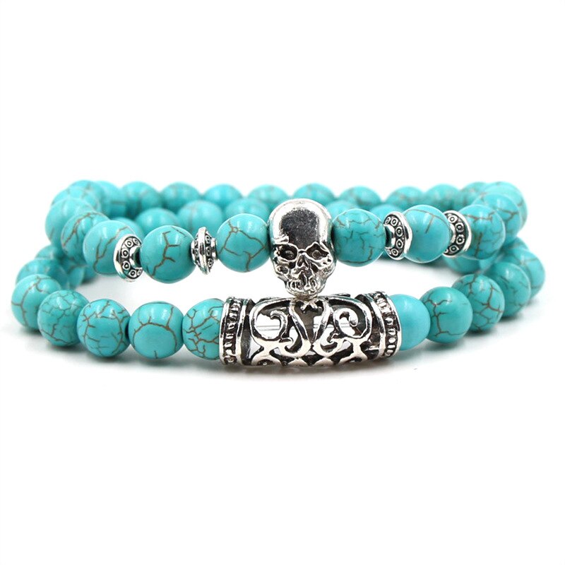 2 stk / sæt sølvfarvet buddha hoved lava skelet turkis natursten perler til kvinder mænd armbånd sæt charm armbånd  bh89: Vist 1