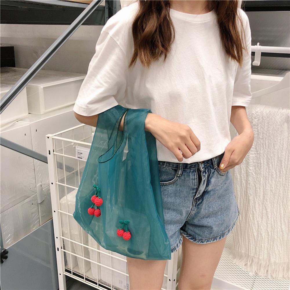 Spring Women Small Transparent Tote Mesh Cloth Bag Daisy Embroidery Handbag Eco Fruit Bag Purse For Girls: Style B-Green