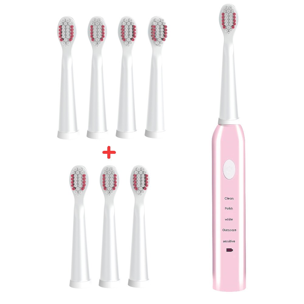 Brosse à dents électrique sonique puissante Ultra sonique USB Charge brosses à dents rechargeables brosse à dents de blanchiment électronique lavable: Pink-brushhead-8