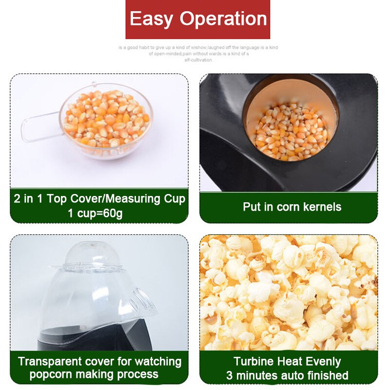 Husholdnings popcorn popper maker maskine automatisk luft popcorn mikroovn med målekop til portion popping majskerner