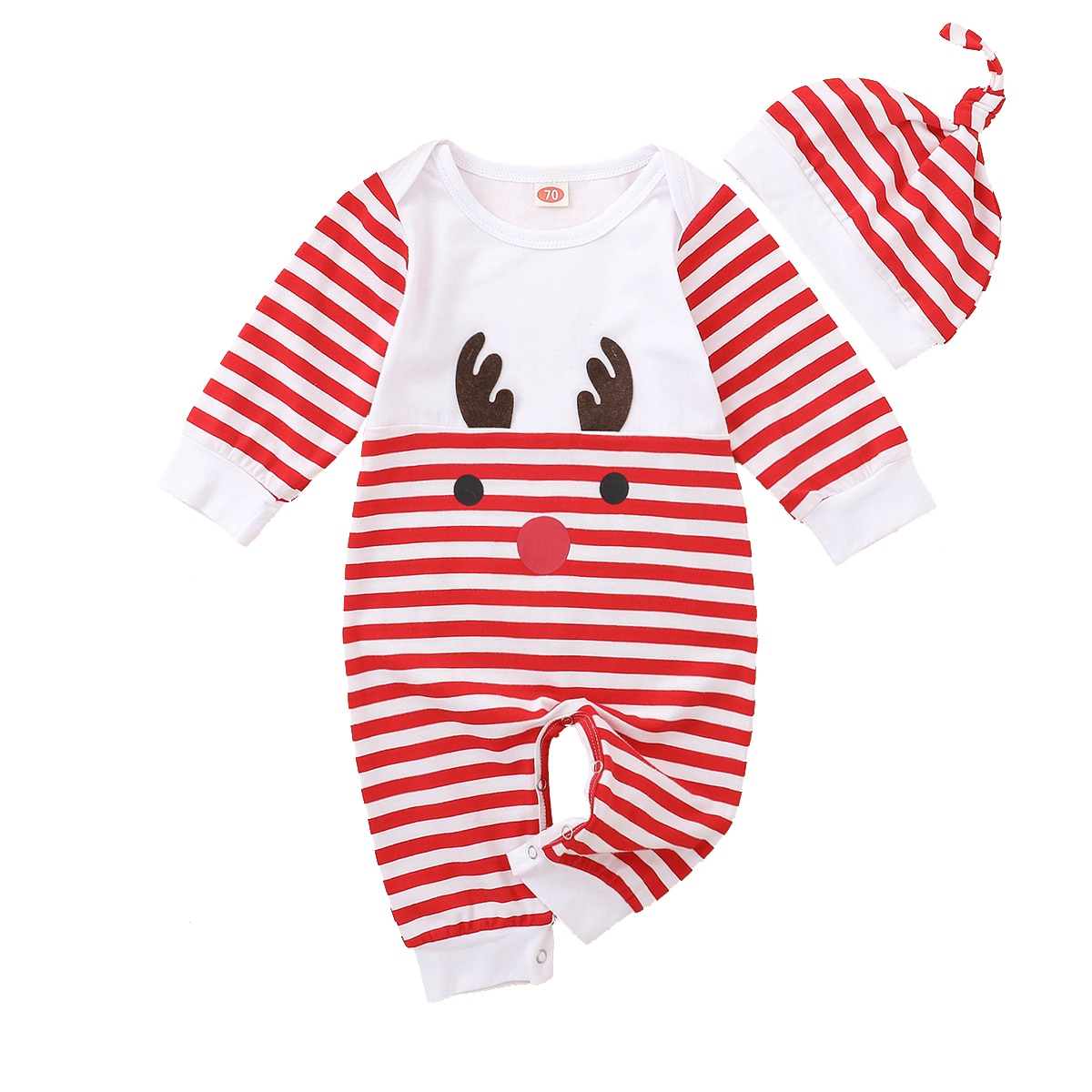 2 stk baby christmas romper outfits, tegneserie hjorte mønster striber o-hals langærmet jumpsuit + hat dragt til småbørn, piger