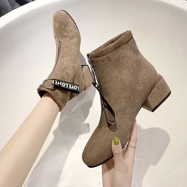 Lynlås bagpå sorte ankelstøvler til kvinder varm indersål damestøvler lav hæl efterår/vinter damesko botas de mujer: Khaki / 39