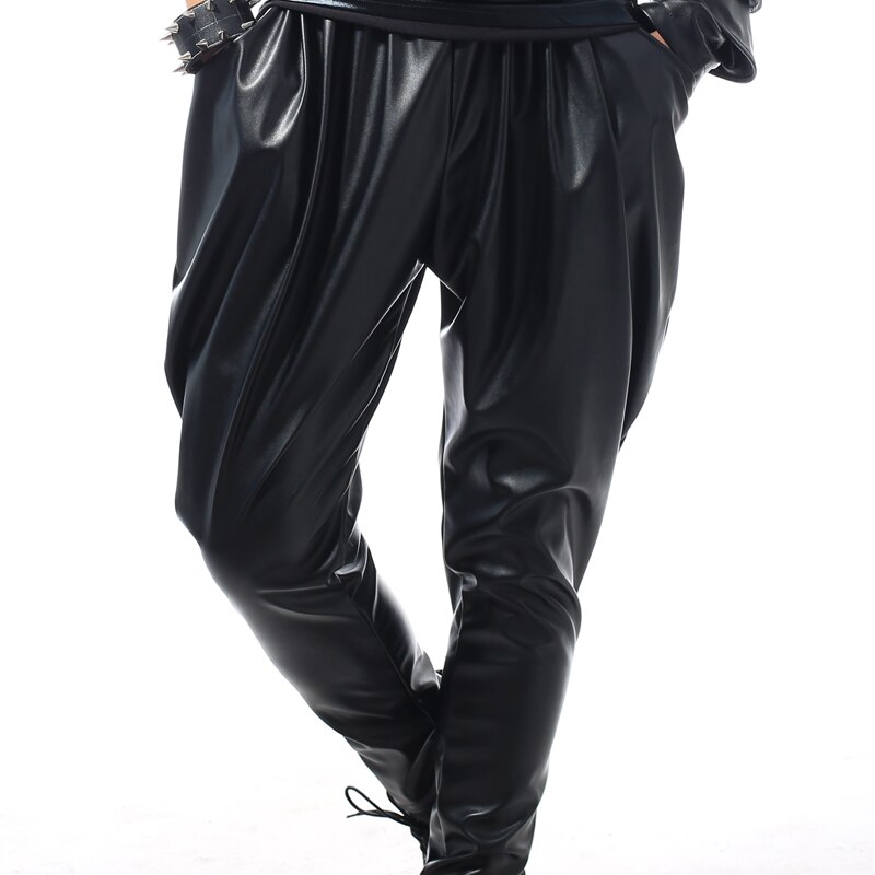 Big yards men's pants A male singer DJ club costumes Black skinny elastic leather pants The singer's clo: XXL