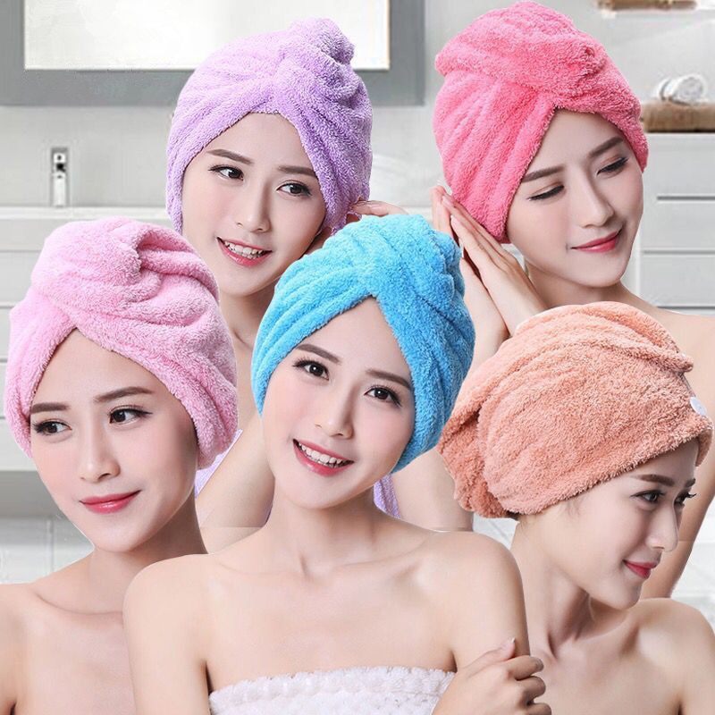 Toalla de baño de terciopelo Coral para cabello seco turbante de secado rápido de microfibra superabsorbente para mujer gorro de pelo envuelto con botón grueso