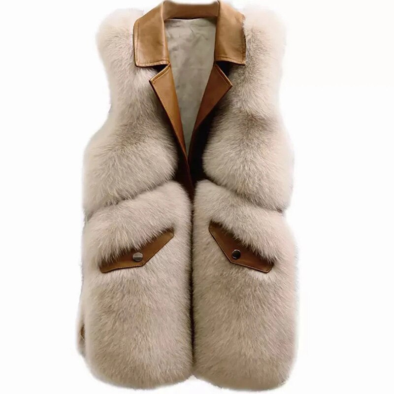 Drehen Unten Kragen Faux Pelz Westen Frauen Elegante Patchwork Künstliche Mäntel Frauen Taschen PU Leder Westen Damen