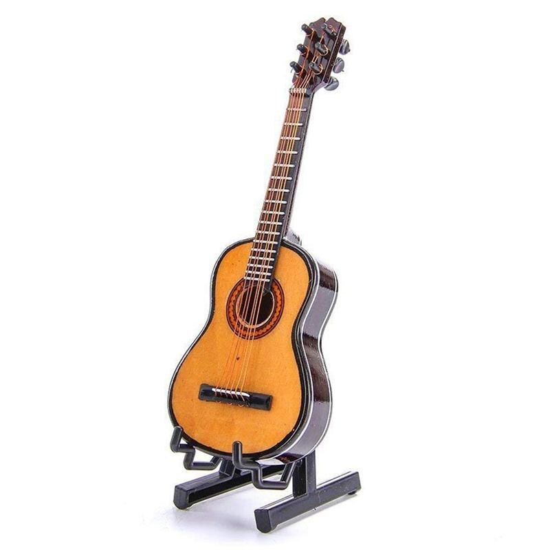 Houten Mini Ornamenten Gitaar Muziekinstrument Miniatuur Poppenhuis Model Home Decoratie Met Houder (5.1 Inch/13 Cm): Default Title