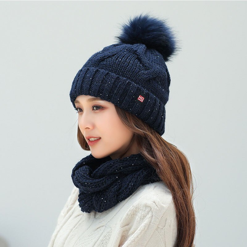 Conjunto de gorro y bufanda de invierno, gorros de punto grueso para mujer, gorro, bufanda para niñas, gorro de Pom Beain, sombreros de color sólido: navy