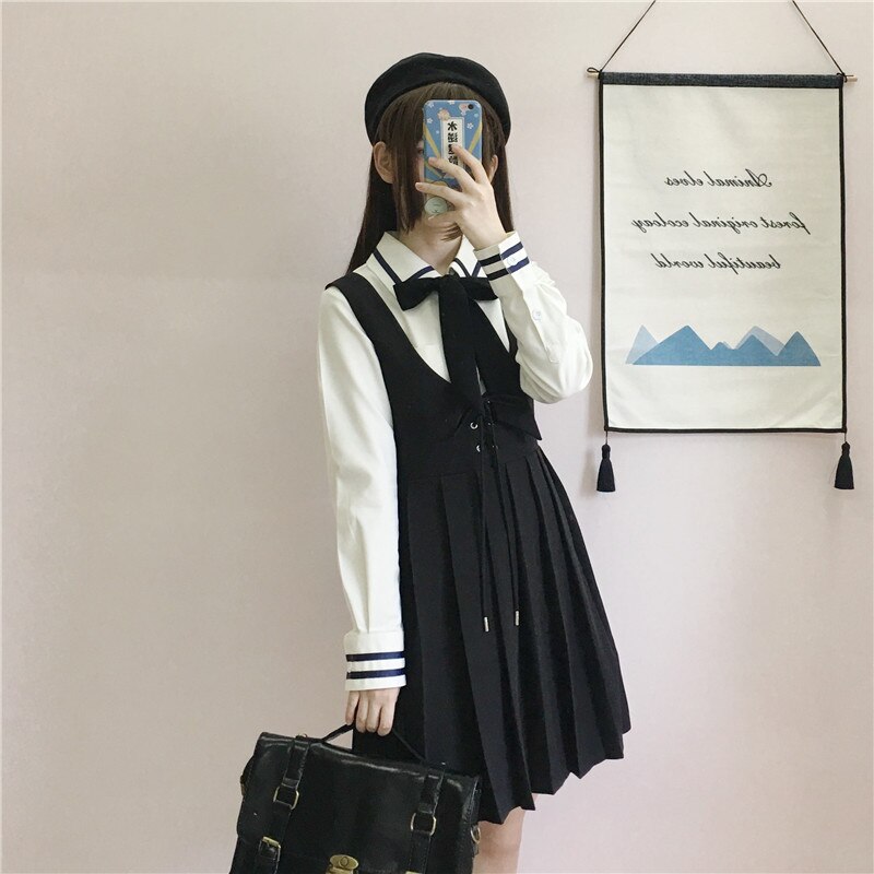 Japanese College Uniforms Long-Sleeved Shirt Pleated Suspender Dress Two-Piece Suit Female School Girl Uniform